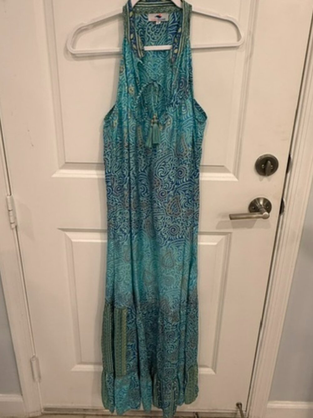 Sunny Oceans Turquoise and Gold Paisley Print Maxi Dress with Tassels